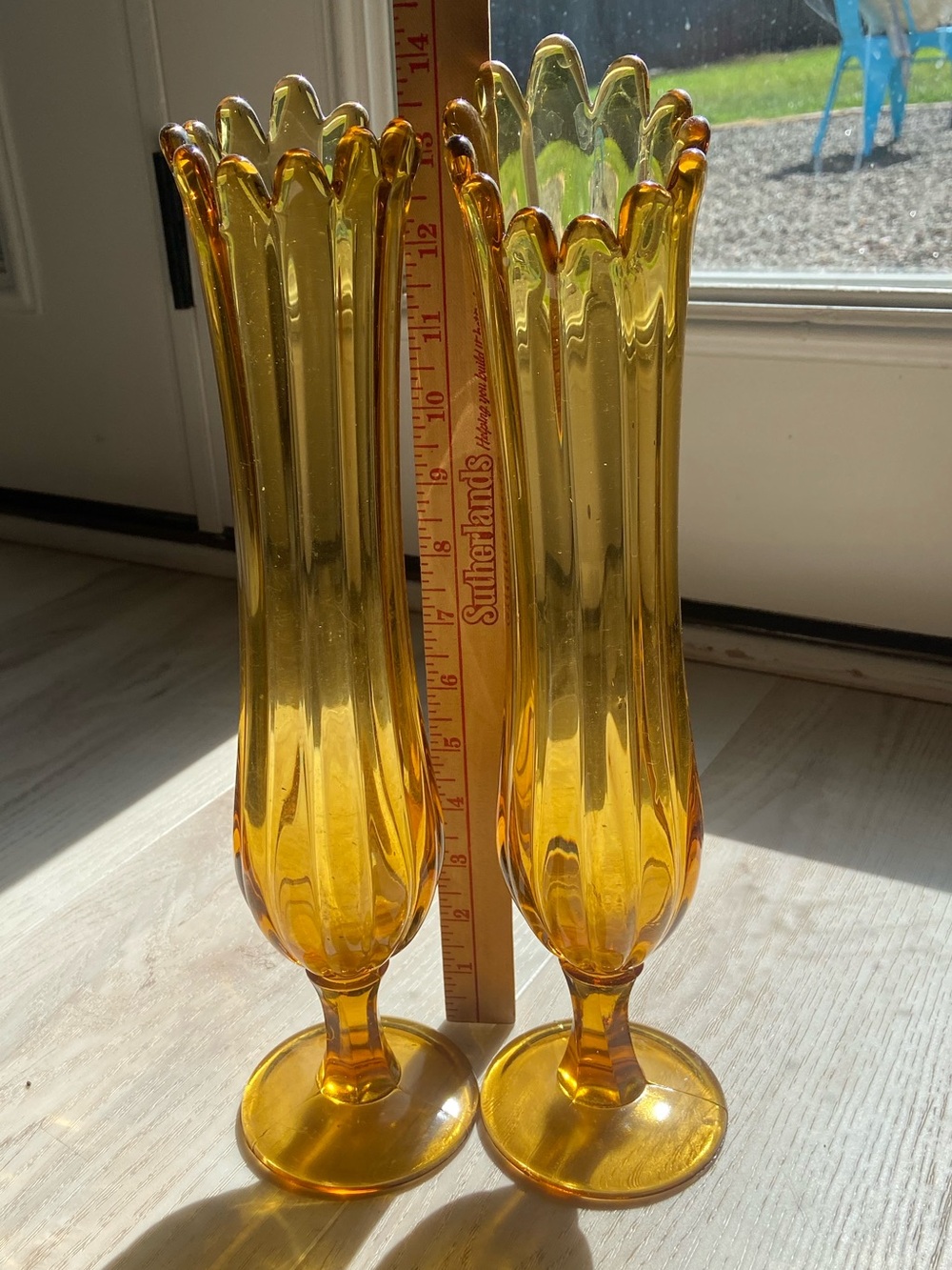 Amber Swung Glass Fluted  Vase Pair by L.E. Smith